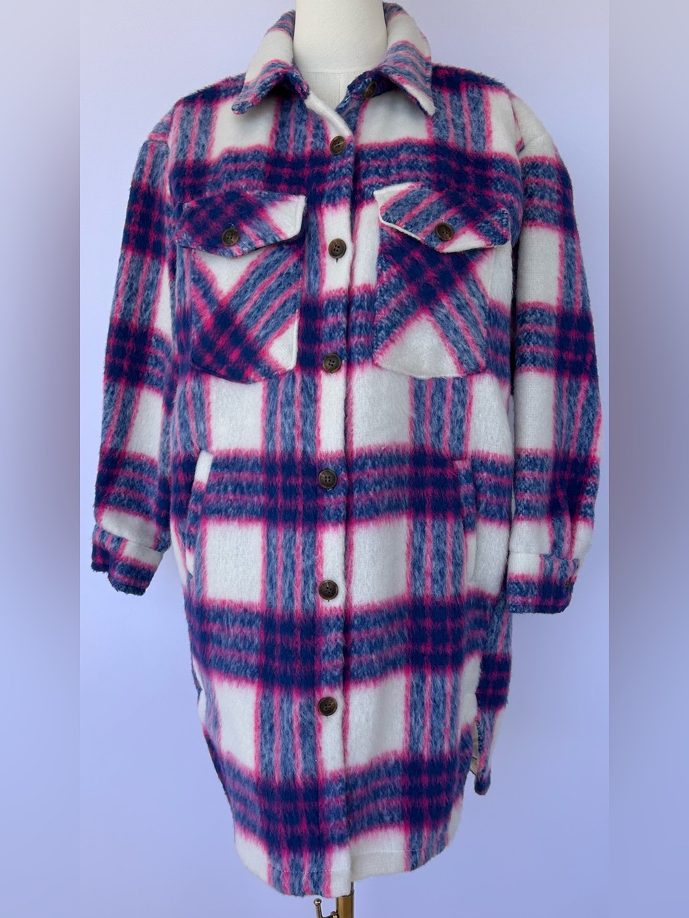 Madden NYC Women’s Long Plaid Oversized Fuzzy  Shacket Pink/Blue Size Small